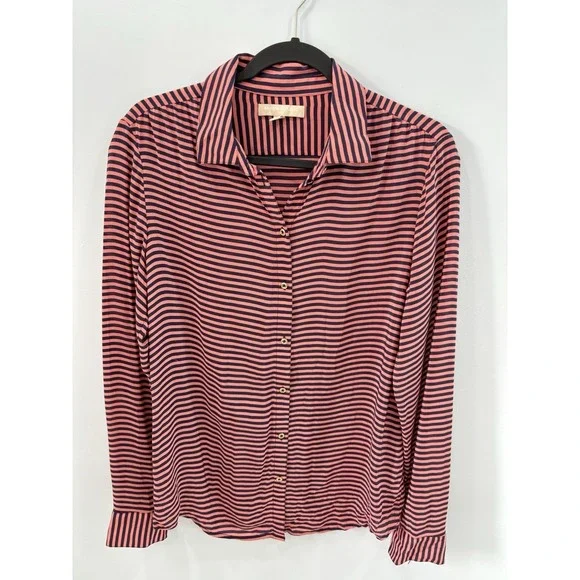 Banana Republic Womens 100% Silk Blouse Medium Pink Navy Striped Sheer - Picture 4 of 10